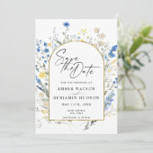 Dusty Blue Floral Arch Hochzeit speichern das Datu Einladung (Stehend Vorderseite)