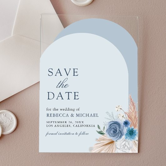 Dusty Blue Floral Arch Wedding Save the Date Acryleinladungen