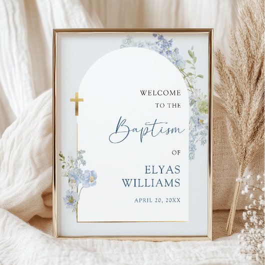 Dusty Blue Floral Arched Boy Baptism Welcome Sign Poster
