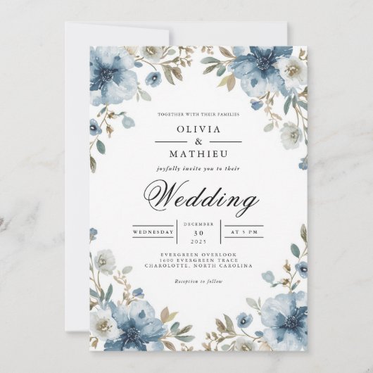 Dusty Blue Floral Archway Wedding Einladung (Vorderseite)
