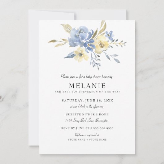 Dusty Blue Floral Baby Dusche Einladung (Vorderseite)