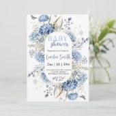 Dusty Blue Floral Baby Dusche Einladung (Stehend Vorderseite)