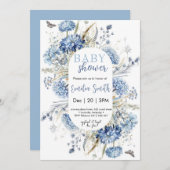 Dusty Blue Floral Baby Dusche Einladung (Vorne/Hinten)