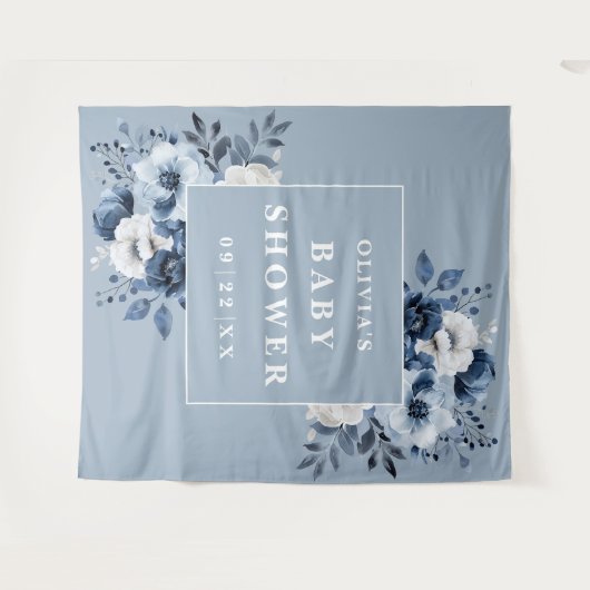 Dusty Blue Floral Baby Dusche Foto Hintergrund Wandteppich (Vorderseite (Horizontal))