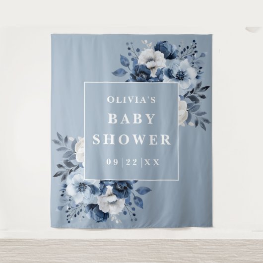 Dusty Blue Floral Baby Dusche Foto Hintergrund Wandteppich (Vorderseite)