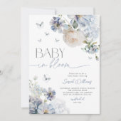Dusty Blue Floral Baby in Bloom Baby Shower Einladung (Vorderseite)