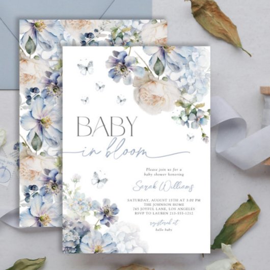 Dusty Blue Floral Baby in Bloom Baby Shower Einladung