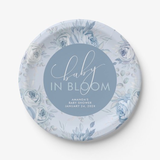 Dusty Blue Floral Baby in Bloom Baby Shower Pappteller (Vorderseite)