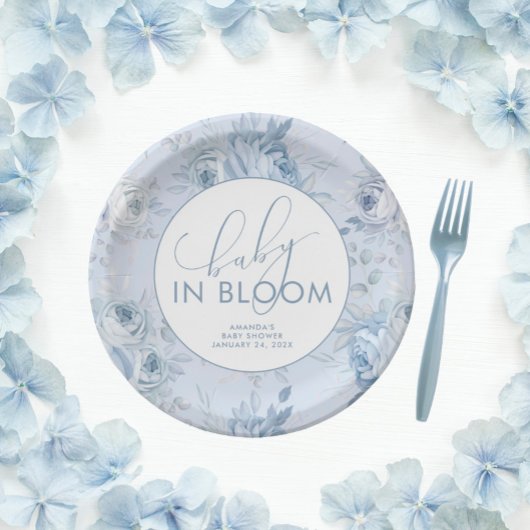 Dusty Blue Floral Baby in Bloom Baby Shower Pappteller