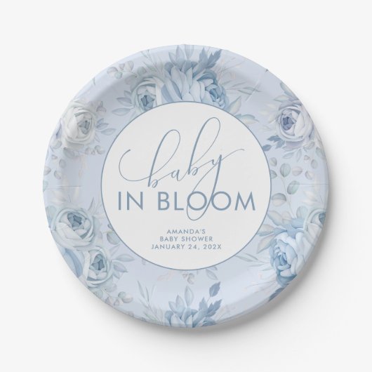 Dusty Blue Floral Baby in Bloom Baby Shower Pappteller (Vorderseite)
