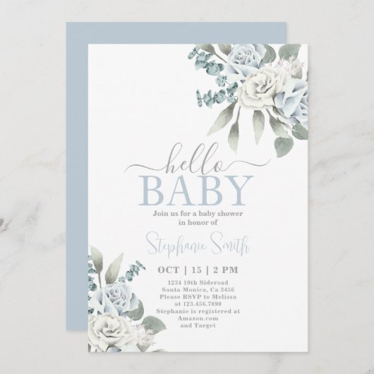 Dusty Blue Floral Baby Shower Boy Einladung (Vorne/Hinten)