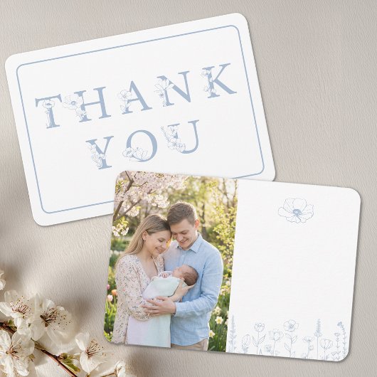 Dusty Blue Floral Baby Shower Thank You Photo Card Dankeskarte