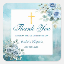 Dusty Blue Floral Baptism Boy  Quadratischer Aufkleber