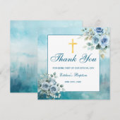 Dusty Blue Floral Baptism Boy Religious Dankeskarte (Vorne/Hinten)
