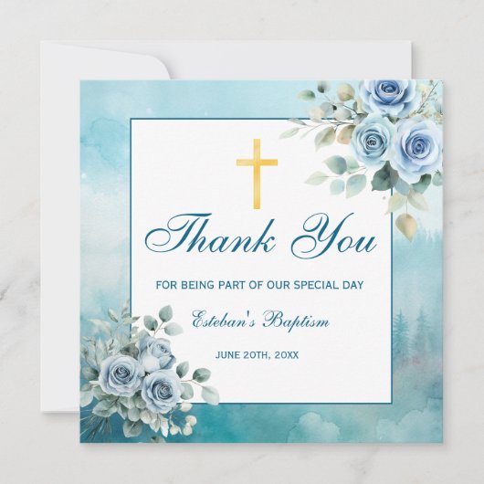 Dusty Blue Floral Baptism Boy Religious Dankeskarte (Vorderseite)