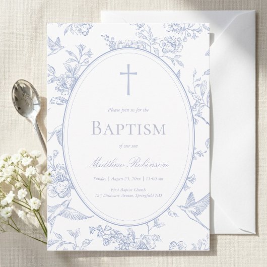 Dusty Blue Floral Baptism Einladung