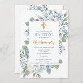 Dusty Blue Floral Bautizo Einladung (Vorne/Hinten)