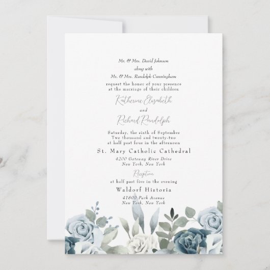 Dusty Blue Floral Beide Eltern White Wedding Einladung (Vorderseite)