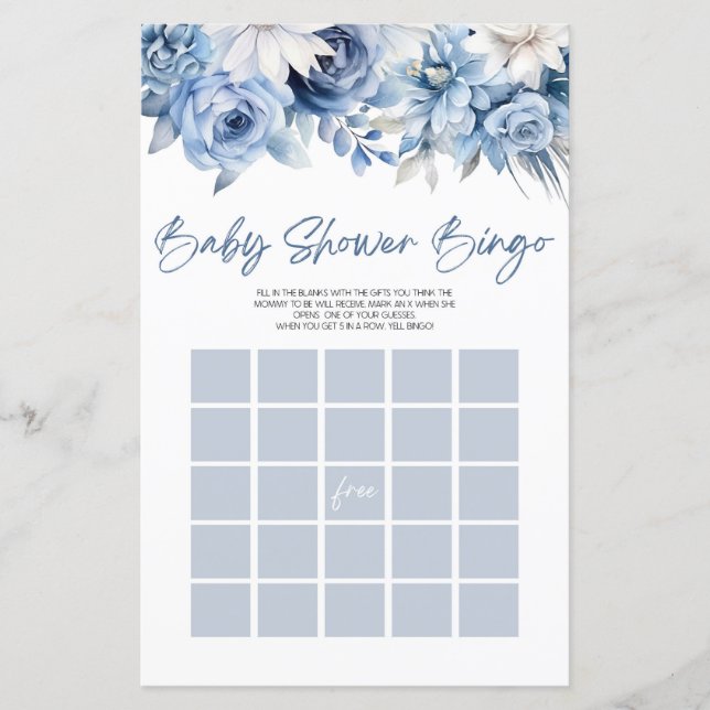 Dusty Blue Floral Bingo Baby Showspiel (Vorderseite)