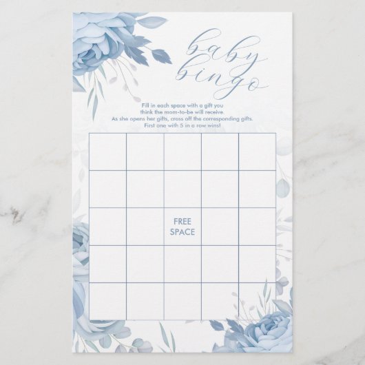 Dusty Blue Floral BINGO Babyduschenspiel Flyer (Vorne)