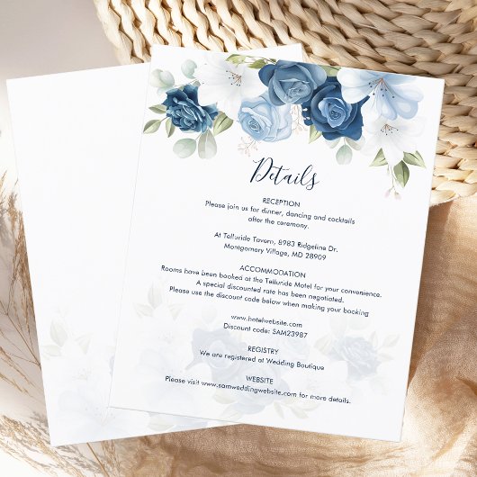 Dusty Blue Floral Bloom Wedding Details Card