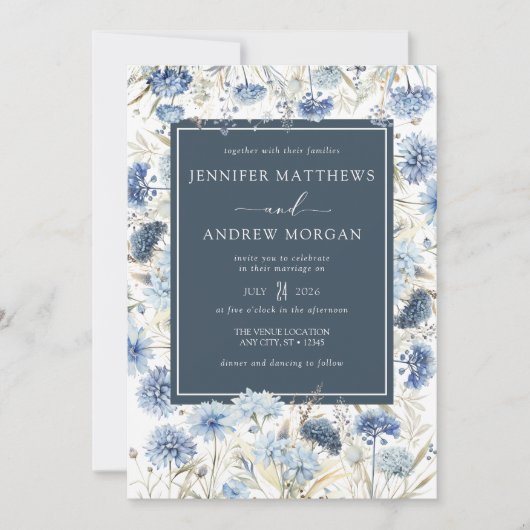 Dusty Blue Floral | Blume Einladung zum Hochzeitsf (Vorderseite)