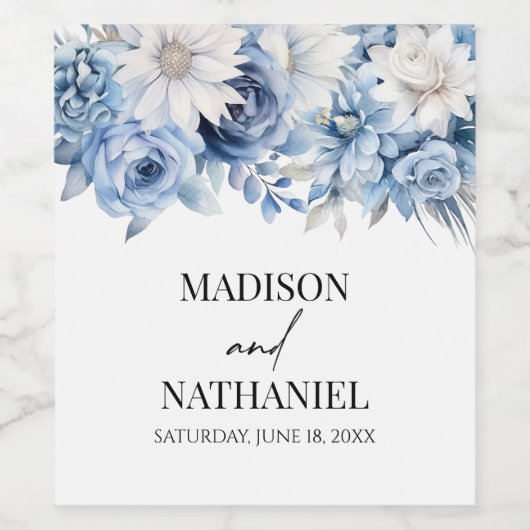 Dusty Blue Floral Blume Garden Wedding Weinetikett (Einzelnes Label)