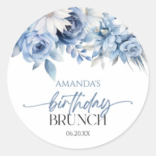 Dusty Blue Floral Blume Geburtstag Brunch Party Runder Aufkleber