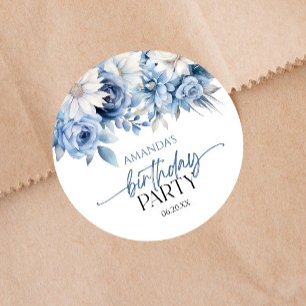 Dusty Blue Floral Blume Geburtstagsparty Runder Aufkleber