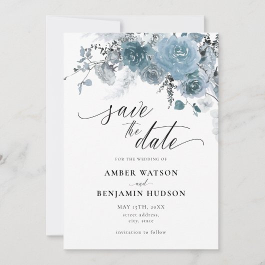 Dusty Blue Floral Bohemisch Wedding Save the Date Einladung (Vorderseite)