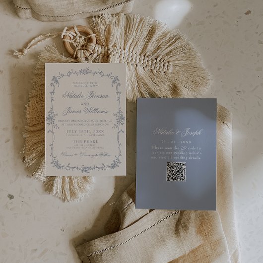 Dusty Blue Floral Boho Botanical QR Code Wedding Einladung