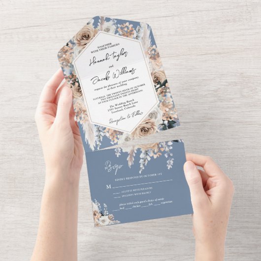 Dusty Blue Floral Boho Hochzeit mit UAWG All In One Einladung (Abreißen)
