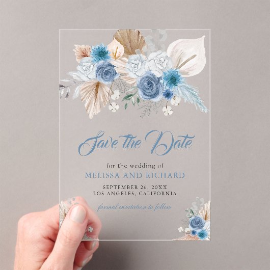 Dusty Blue Floral Boho Hochzeit speichern das Datu Acryleinladungen (Insitu (Handheld))
