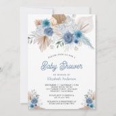 Dusty Blue Floral Boho Pampas Foto Babydusche Einladung (Vorderseite)