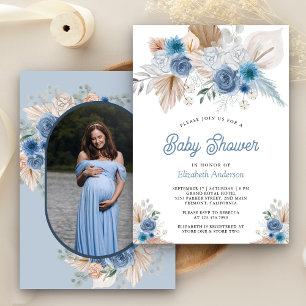 Dusty Blue Floral Boho Pampas Foto Babydusche Einladung