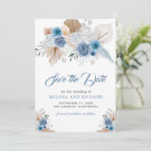 Dusty Blue Floral Boho Pampas Foto QR Code Save The Date (Stehend Vorderseite)