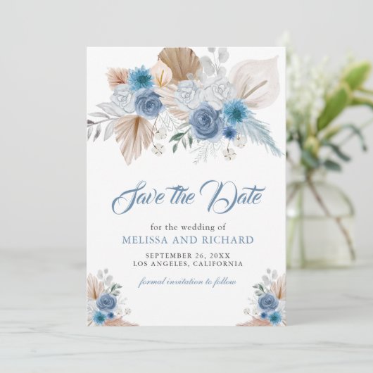 Dusty Blue Floral Boho Pampas Foto QR Code Save The Date (Stehend Vorderseite)