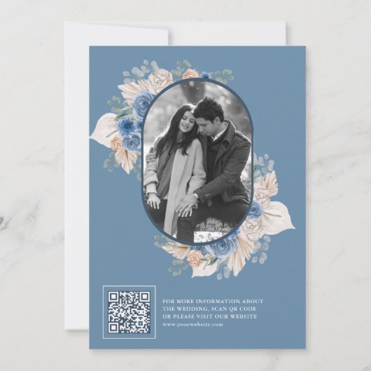 Dusty Blue Floral Boho Pampas Foto QR Code Save The Date (Rückseite)