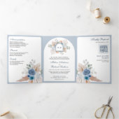 Dusty Blue Floral Boho Pampas QR Code Wedding Dreifach Gefaltete Einladung (Innenseite)