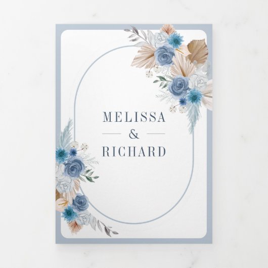 Dusty Blue Floral Boho Pampas QR Code Wedding Dreifach Gefaltete Einladung (Cover)