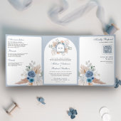 Dusty Blue Floral Boho Pampas QR Code Wedding Dreifach Gefaltete Einladung