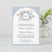 Dusty Blue Floral Boho Pampas QR Code Wedding Einladung (Stehend Vorderseite)