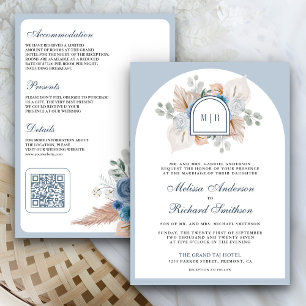Dusty Blue Floral Boho Pampas QR Code Wedding Einladung