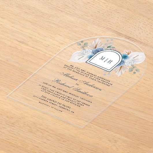 Dusty Blue Floral Boho Pampas Wedding Acryleinladungen (Ablage )