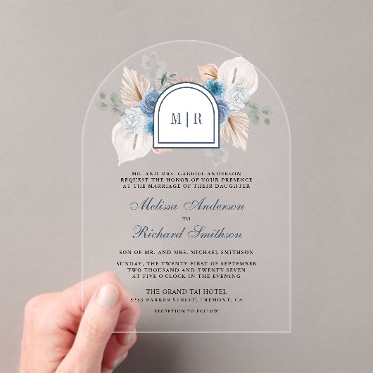Dusty Blue Floral Boho Pampas Wedding Acryleinladungen (Insitu (Handheld))