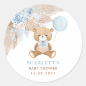 Dusty Blue Floral Boho Teddy Bear Baby Dusche Runder Aufkleber (Vorderseite)