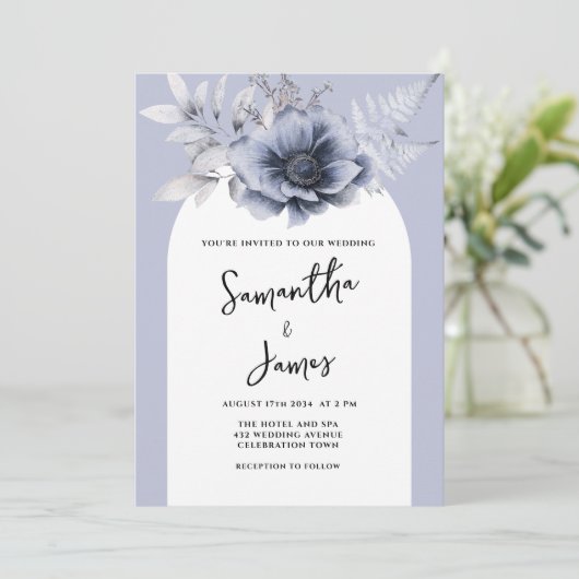 Dusty Blue Floral Boho Wassercolor Wedding Einladung (Stehend Vorderseite)