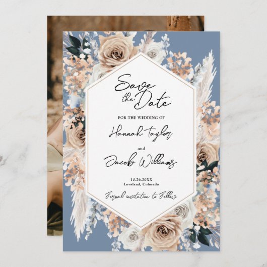 Dusty Blue Floral Boho Wedding Foto Save the Date (Vorne/Hinten)
