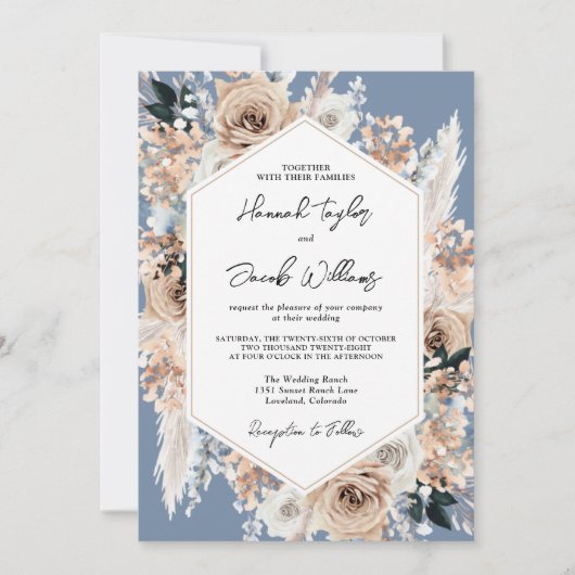 Dusty Blue Floral Boho Wedding QR Code UAWG Einladung (Vorderseite)