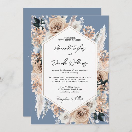Dusty Blue Floral Boho Wedding QR Code UAWG Einladung (Vorne/Hinten)